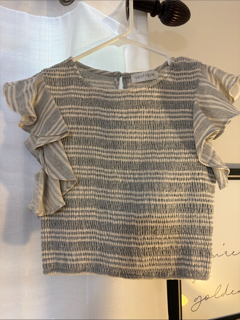 vestique Gray & Cream Striped Smocked Ruffle Sleeve Top